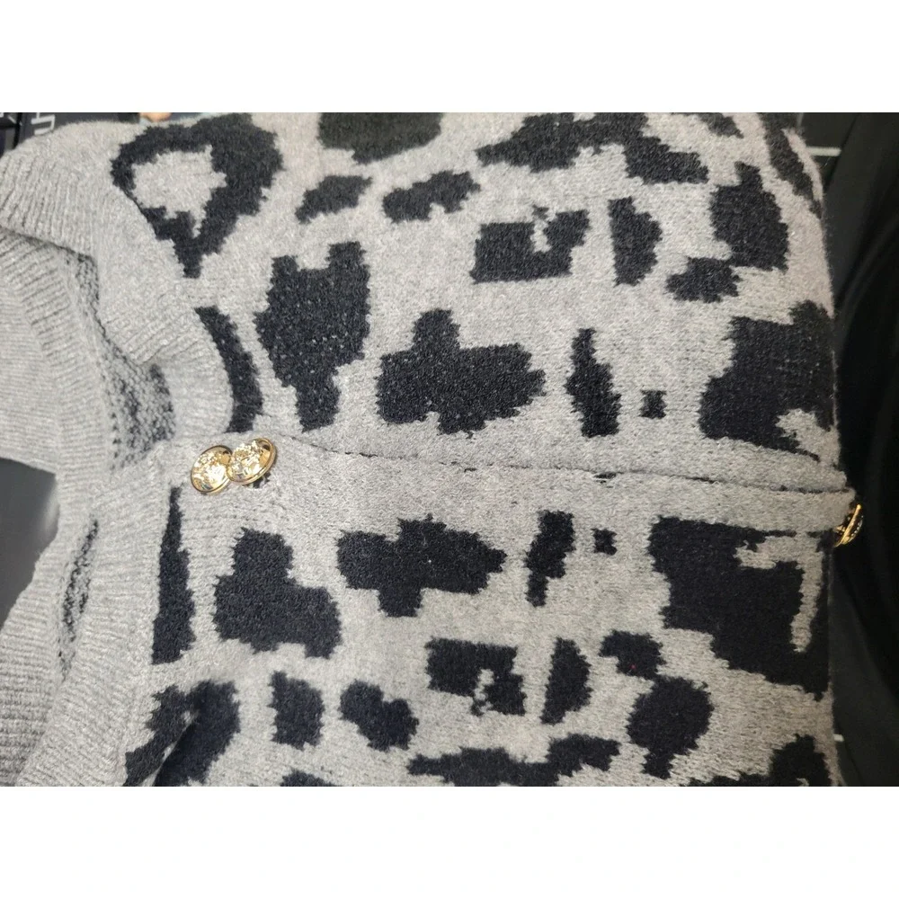 Grey Leopard Print Cardigan Sweater Gold Buttons Animal Print Knit 4XL